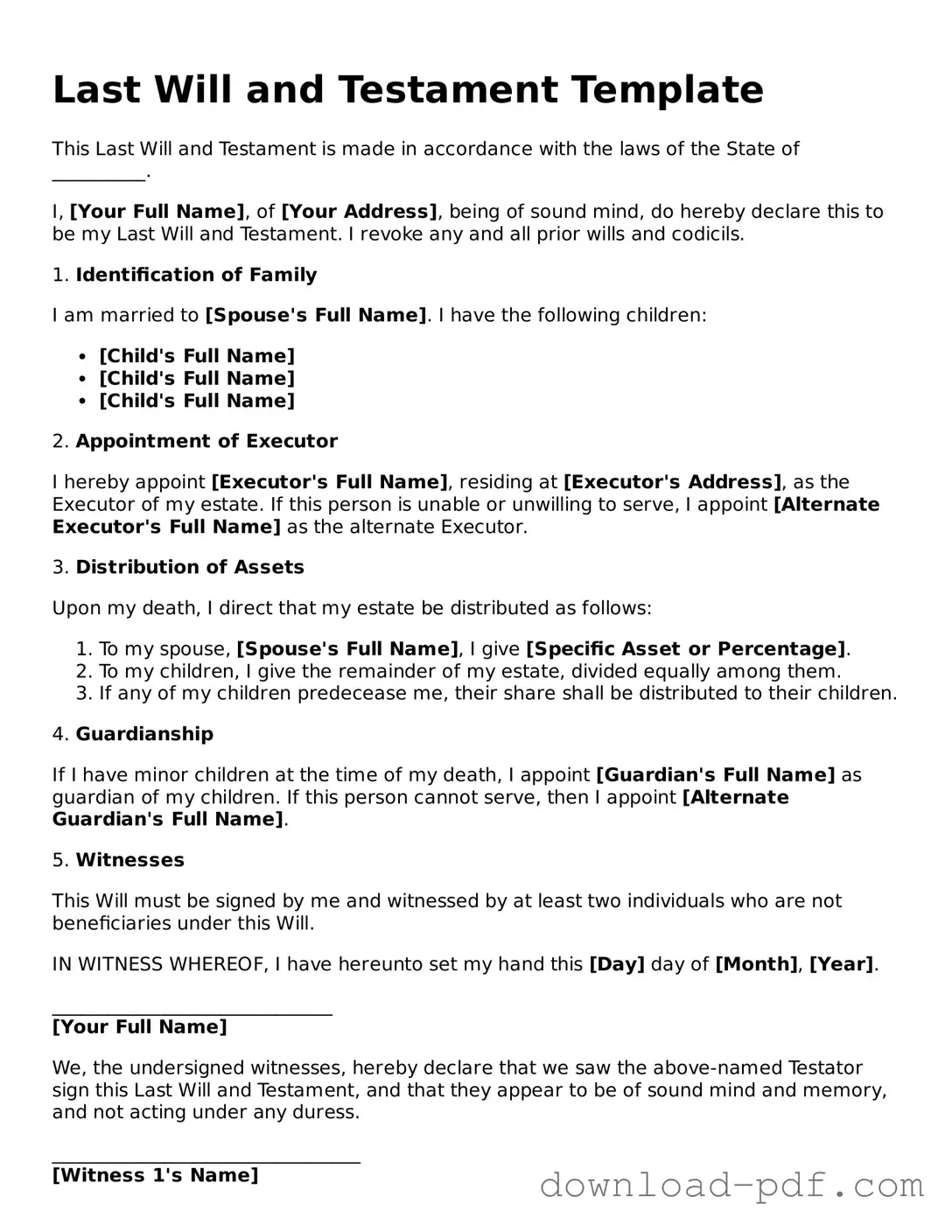 Free Last Will and Testament Template