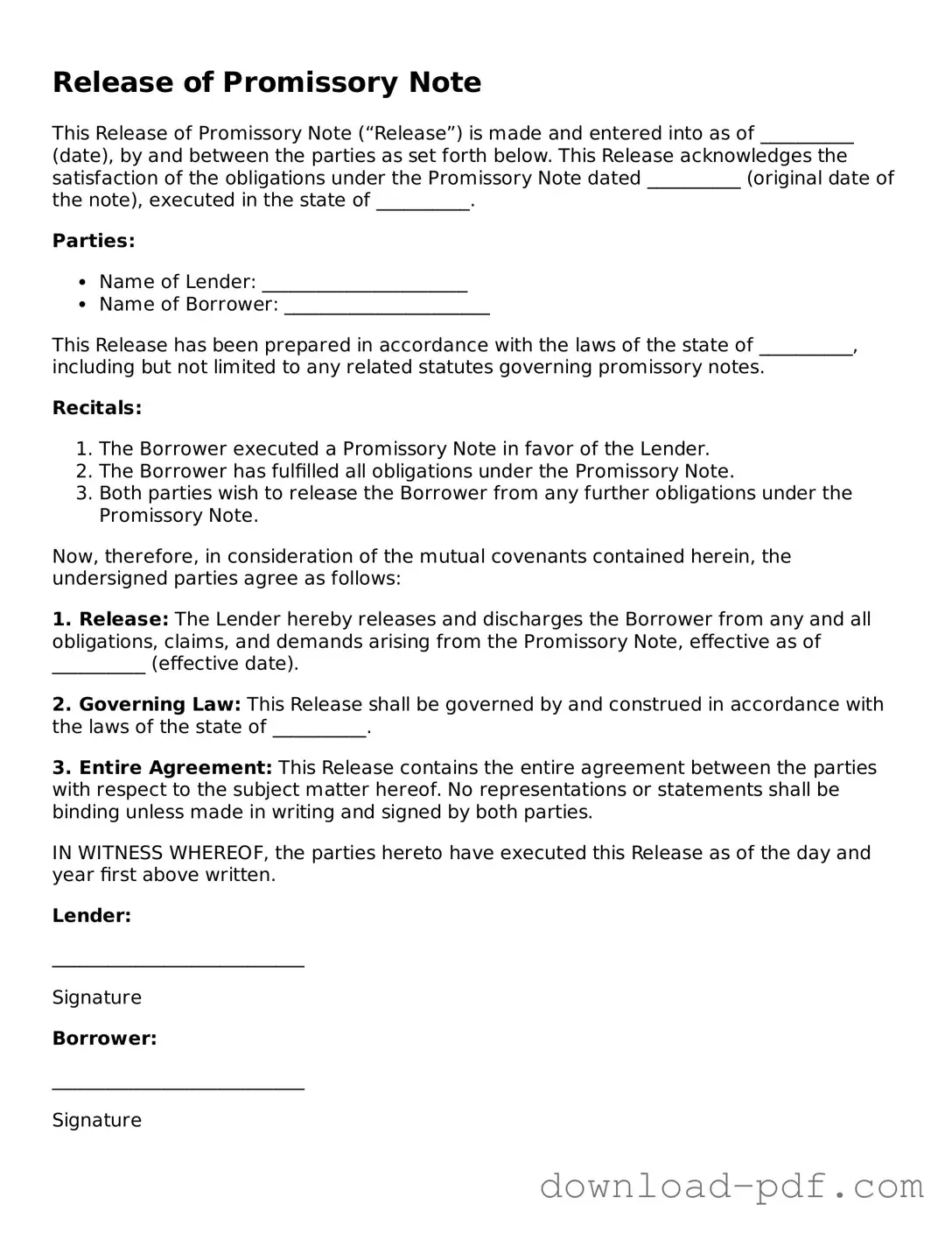 Free Release of Promissory Note Template