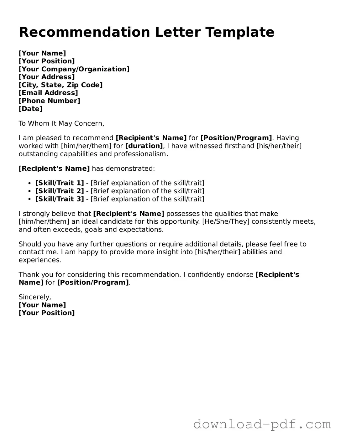 Free Recommendation Letter Template