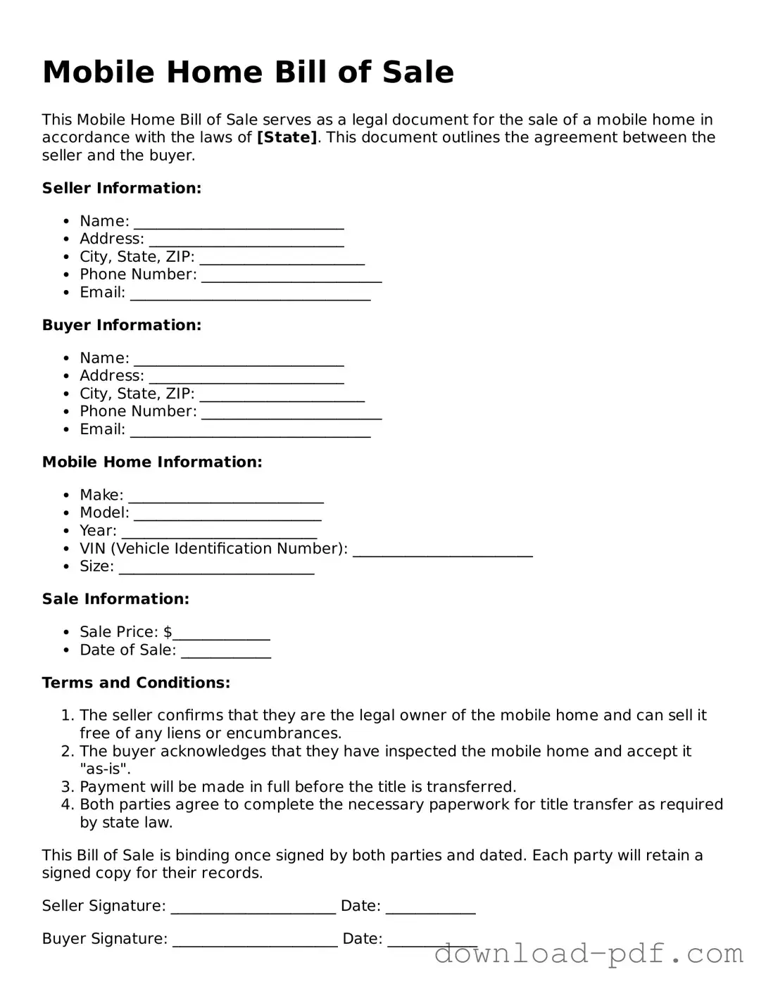 Free Mobile Home Bill of Sale Template