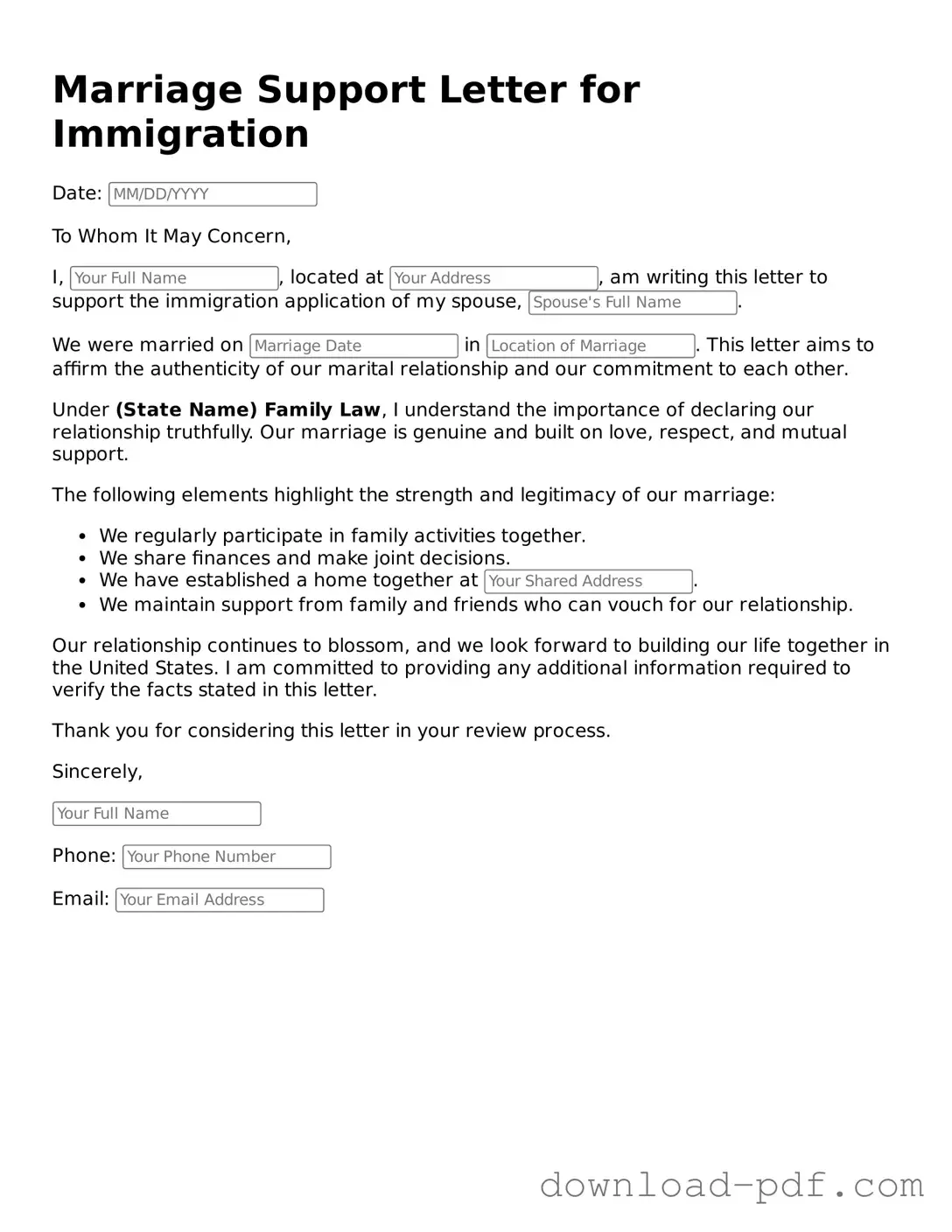 Free Marriage Support Letter for Immigration Template