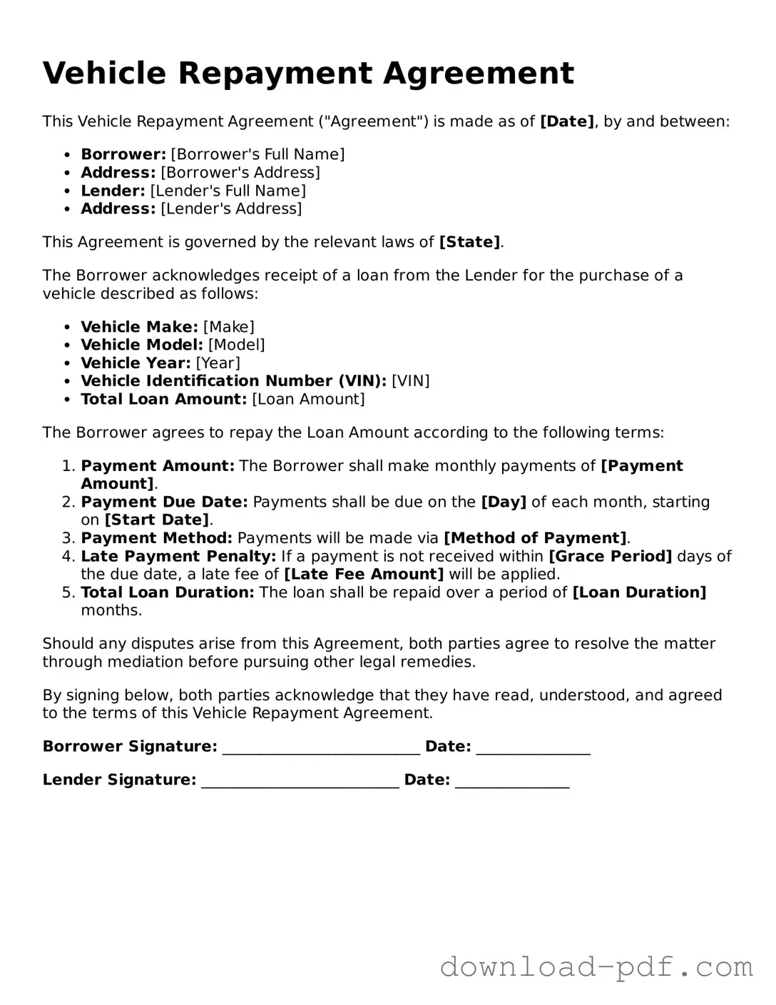 Free Vehicle Repayment Agreement Template