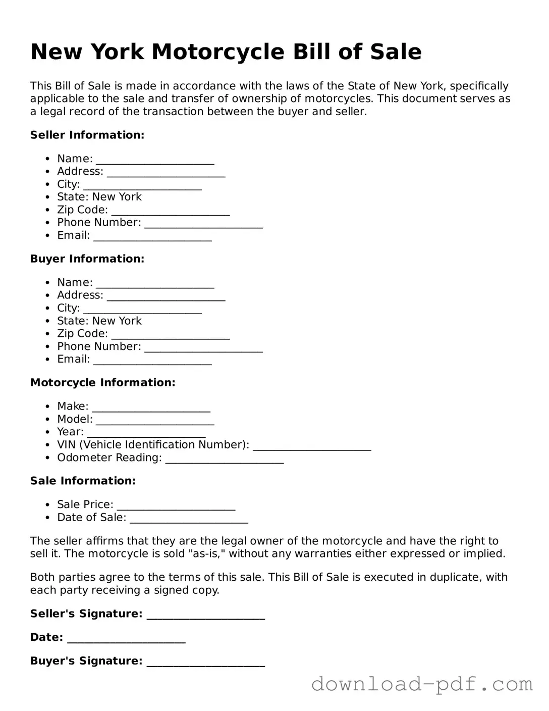 New York Motorcycle Bill of Sale Document