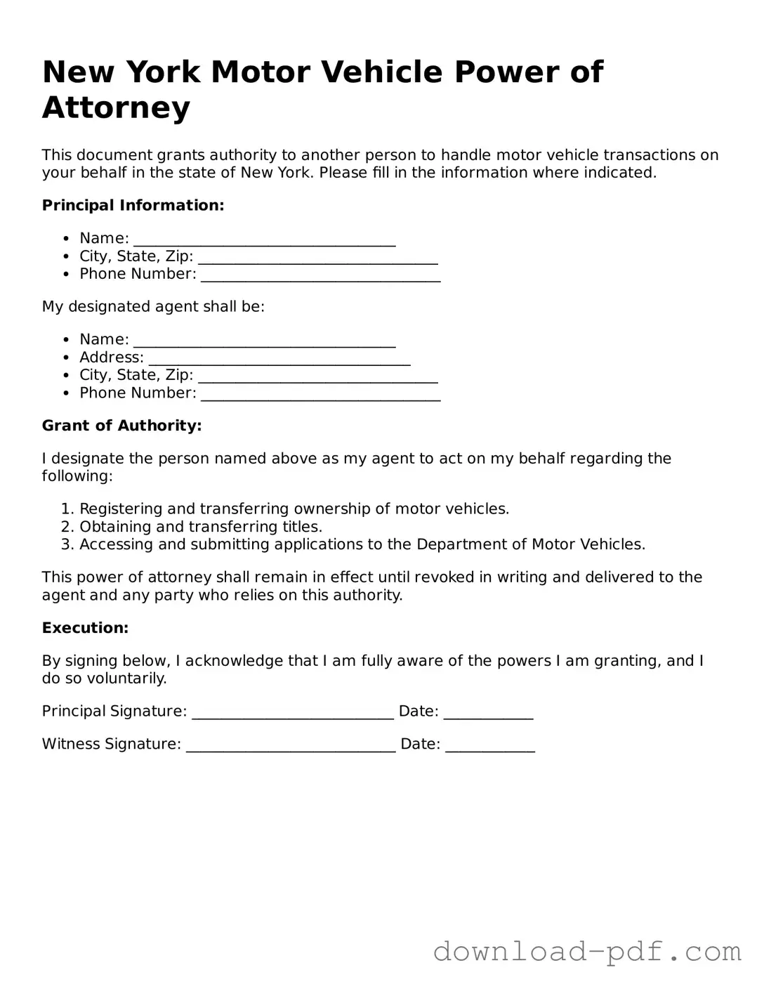 New York Motor Vehicle Power of Attorney Document