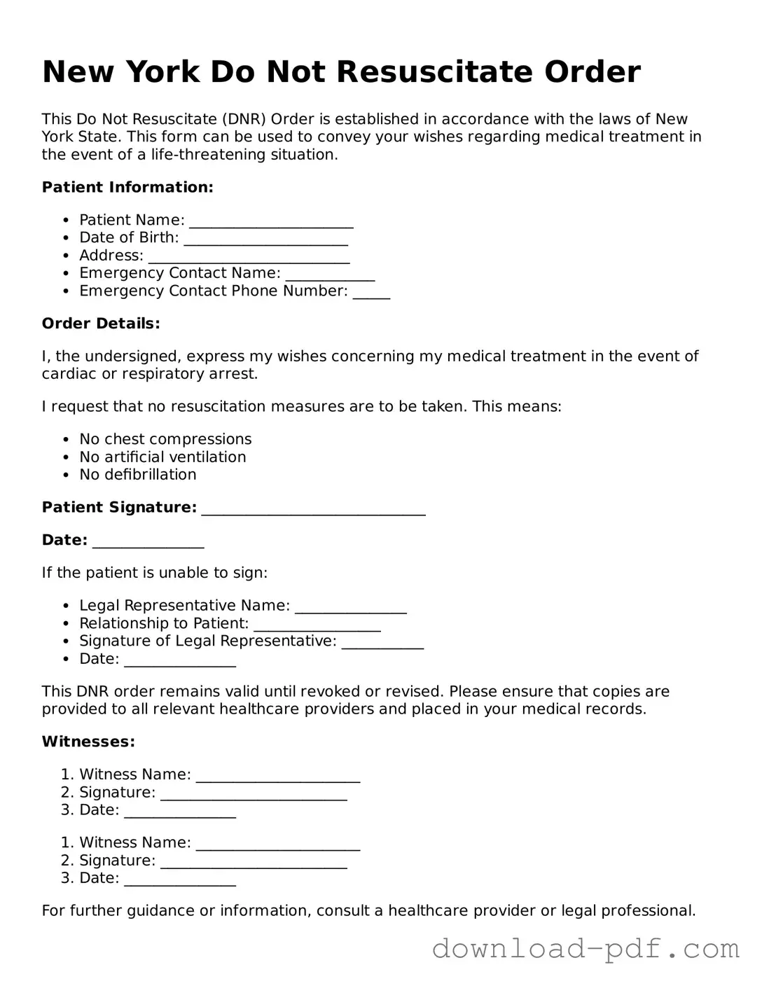 New York Do Not Resuscitate Order Document