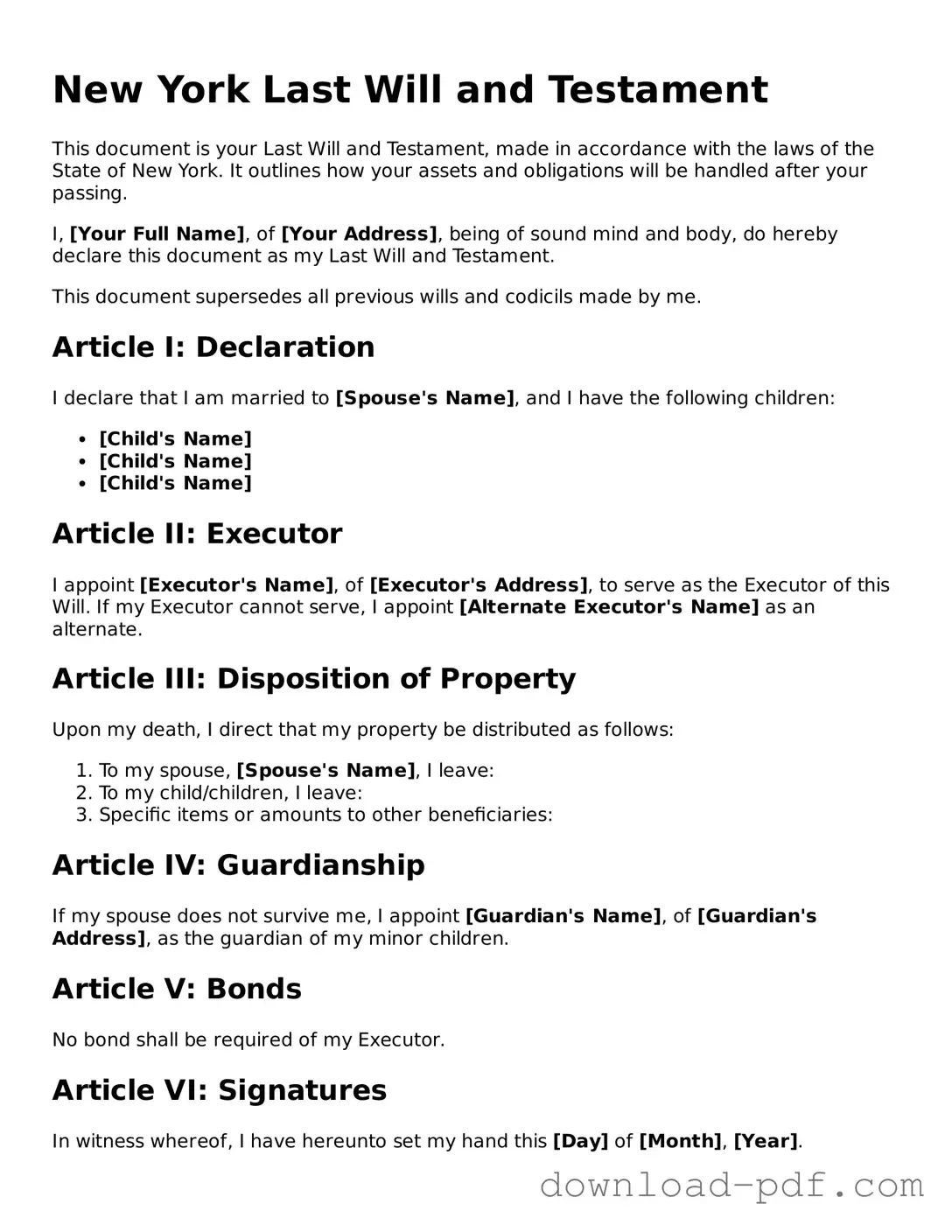 New York Last Will and Testament Document