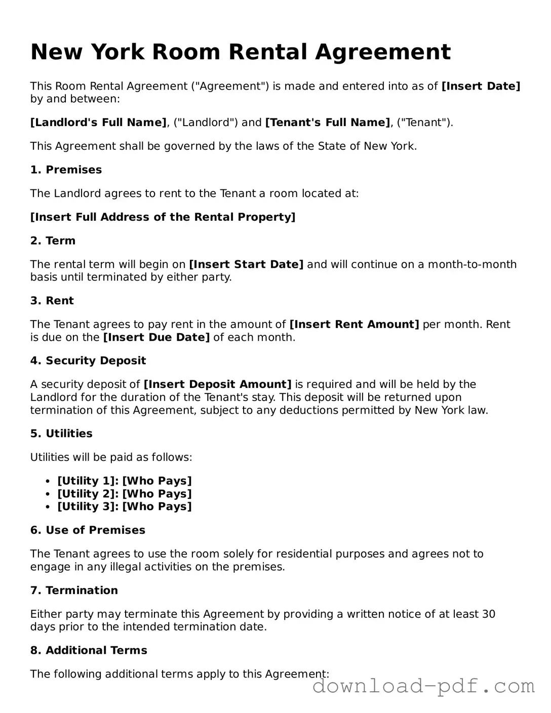 New York Room Rental Agreement Document