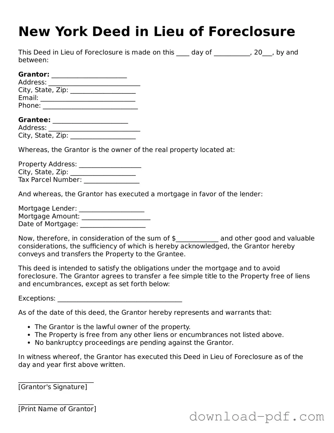 New York Deed in Lieu of Foreclosure Document