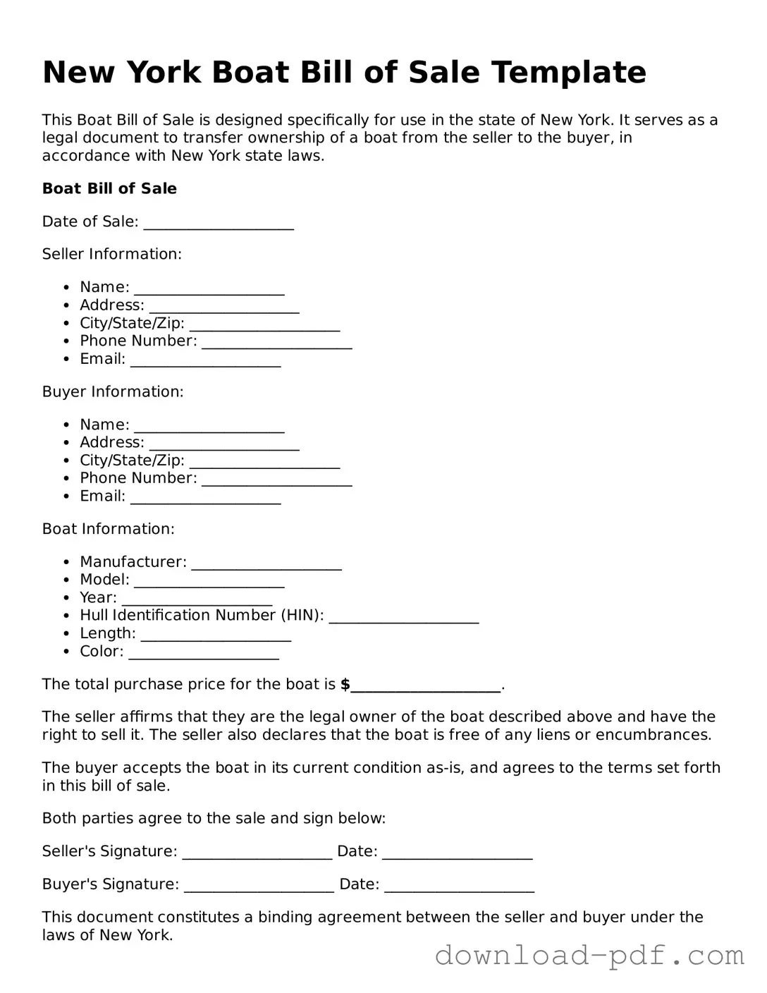 New York Boat Bill of Sale Document