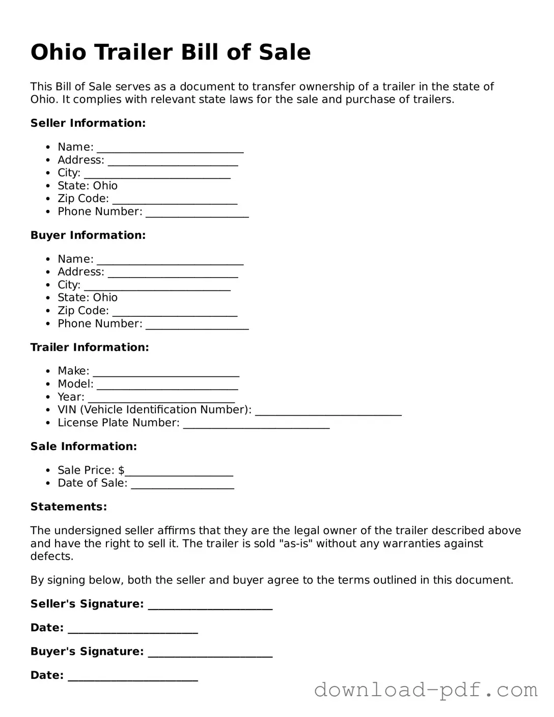 Ohio Trailer Bill of Sale Document