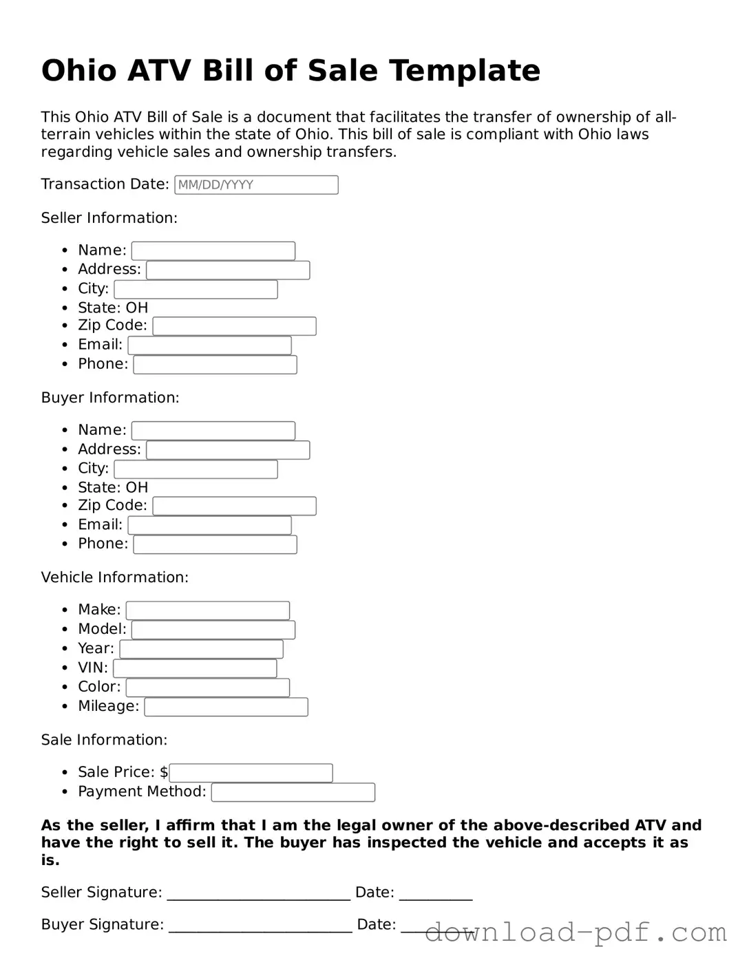 Ohio ATV Bill of Sale Document