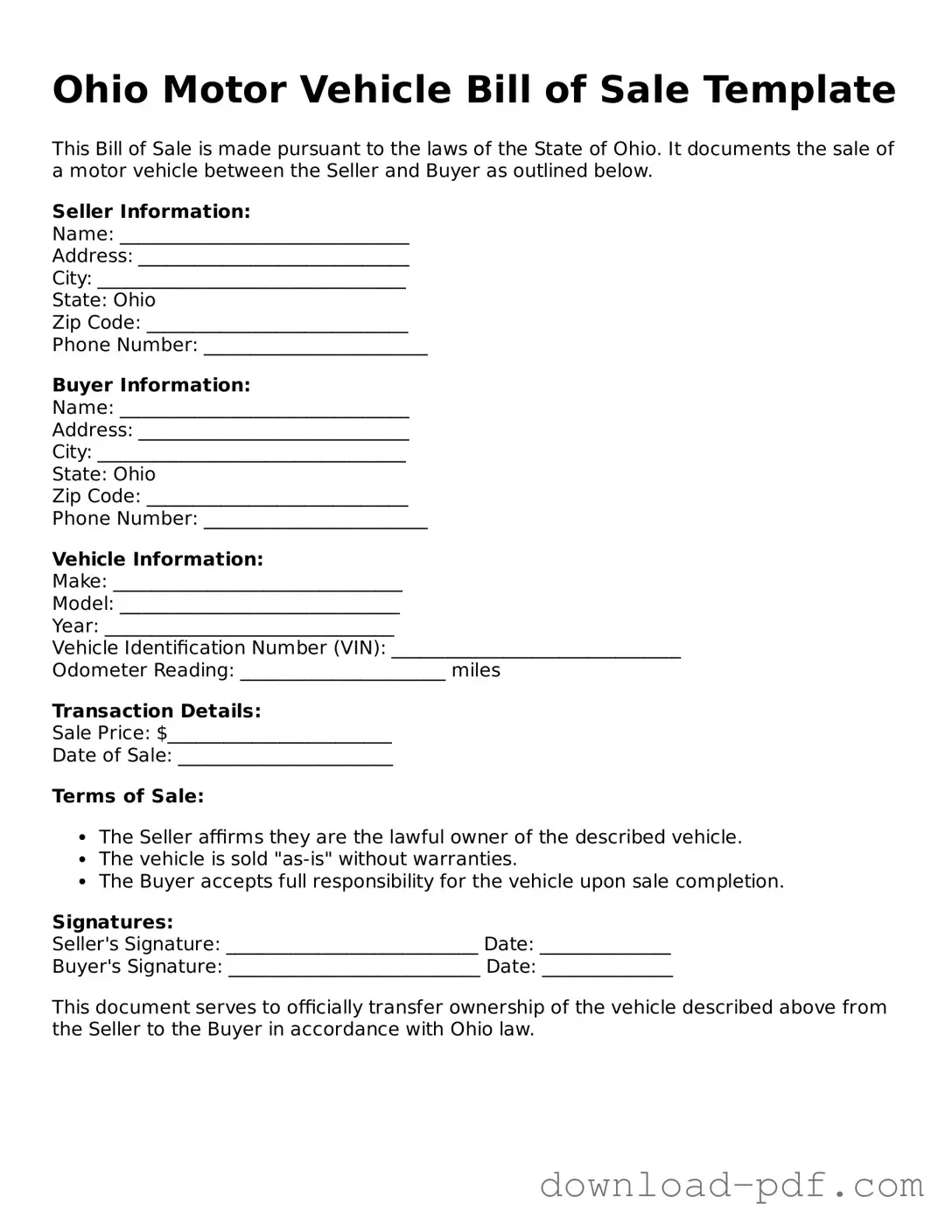 Ohio Motor Vehicle Bill of Sale Document
