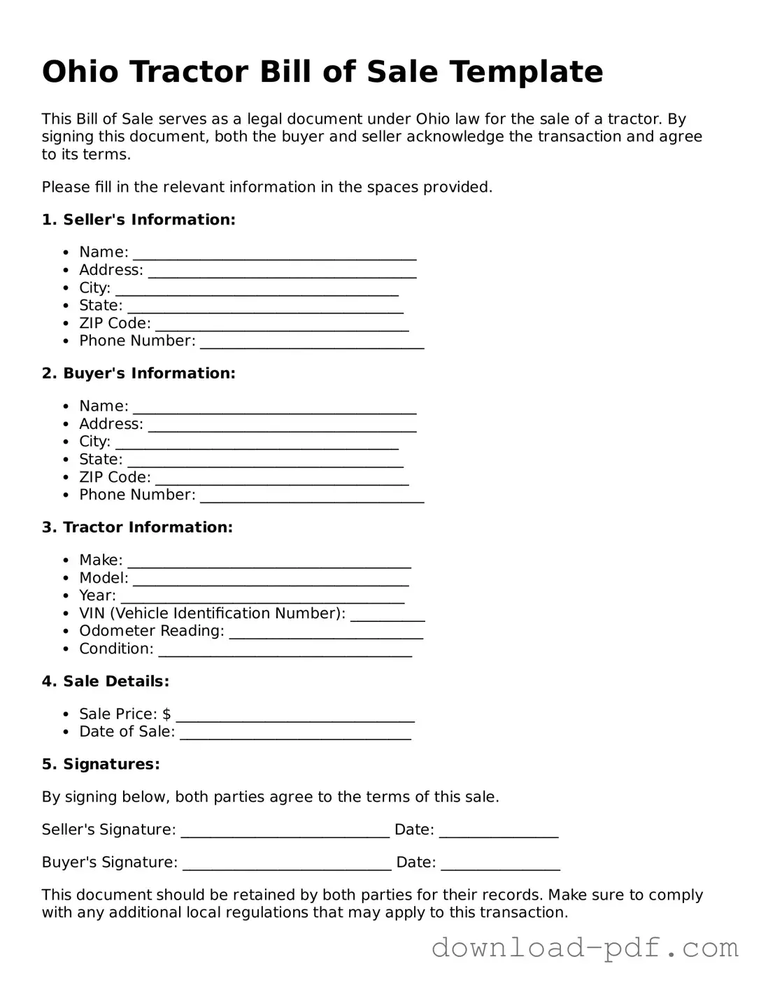 Ohio Tractor Bill of Sale Document