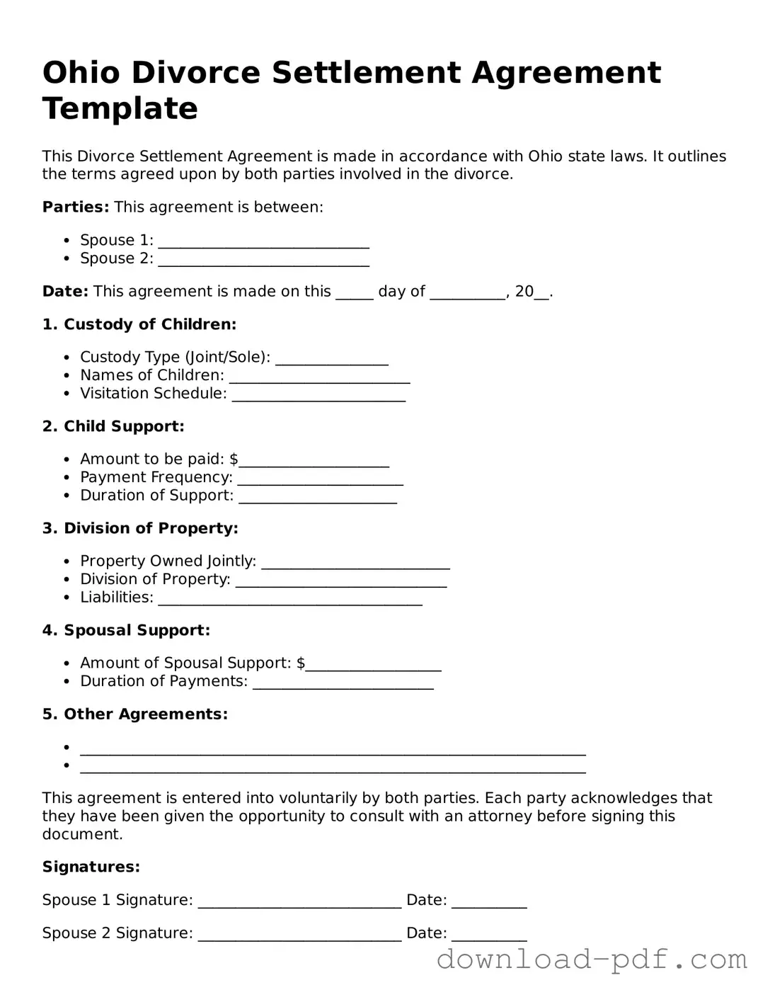 Ohio Divorce Settlement Agreement Document