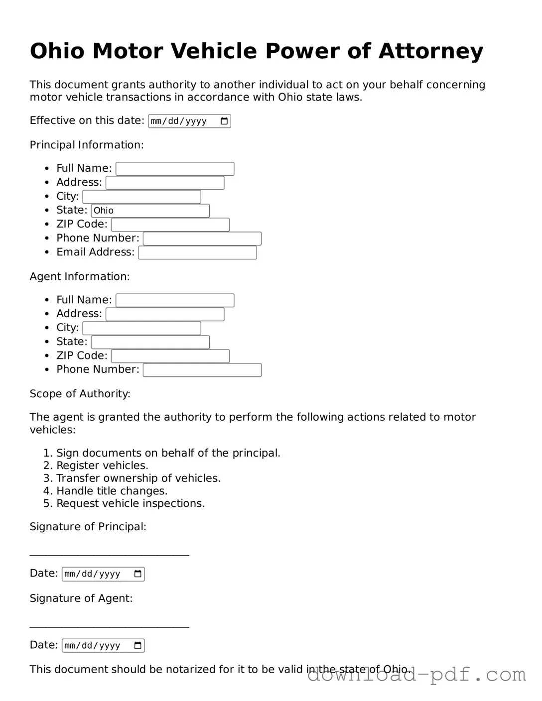 Ohio Motor Vehicle Power of Attorney Document