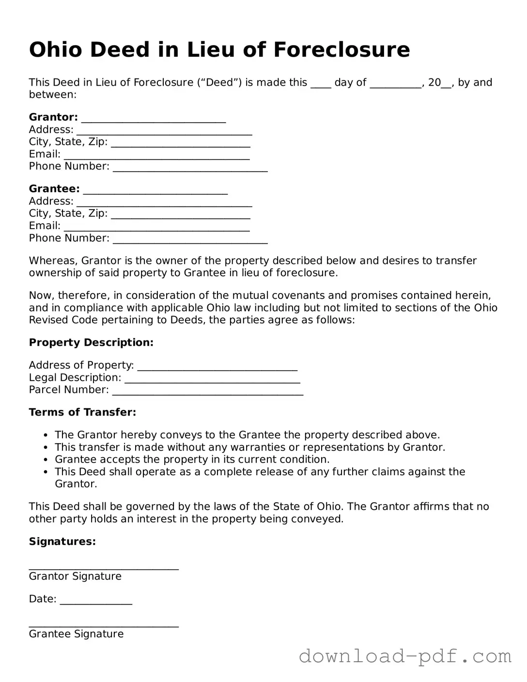 Ohio Deed in Lieu of Foreclosure Document