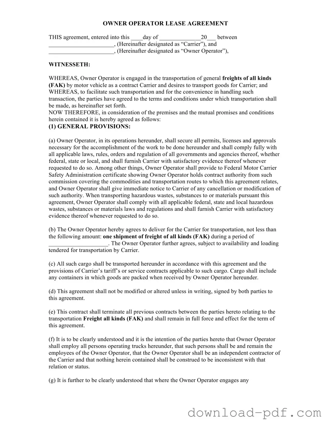 Get Owner Operator Lease Agreement Template in PDF