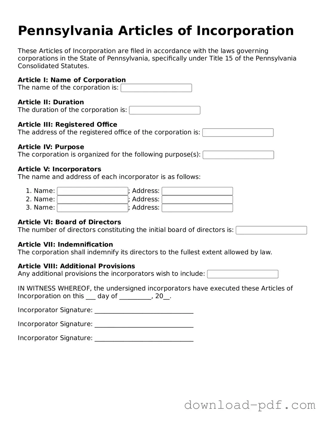 Pennsylvania Articles of Incorporation Document