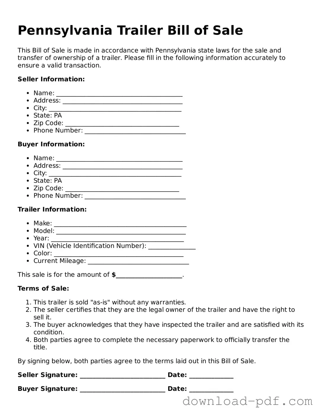 Pennsylvania Trailer Bill of Sale Document