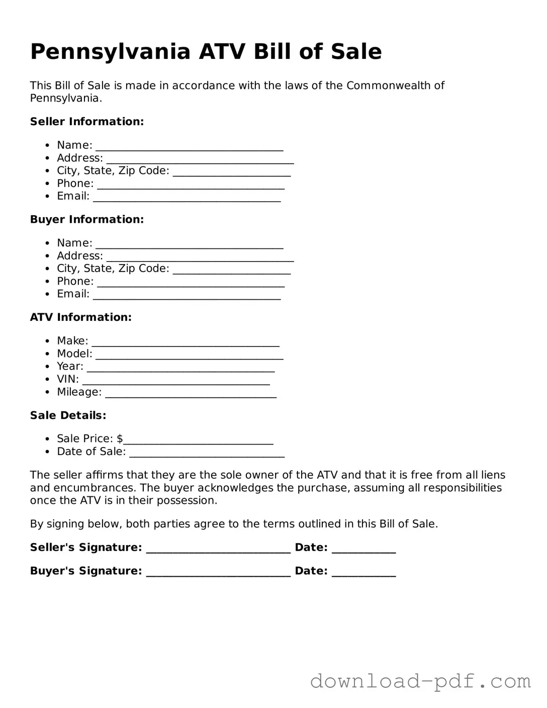 Pennsylvania ATV Bill of Sale Document