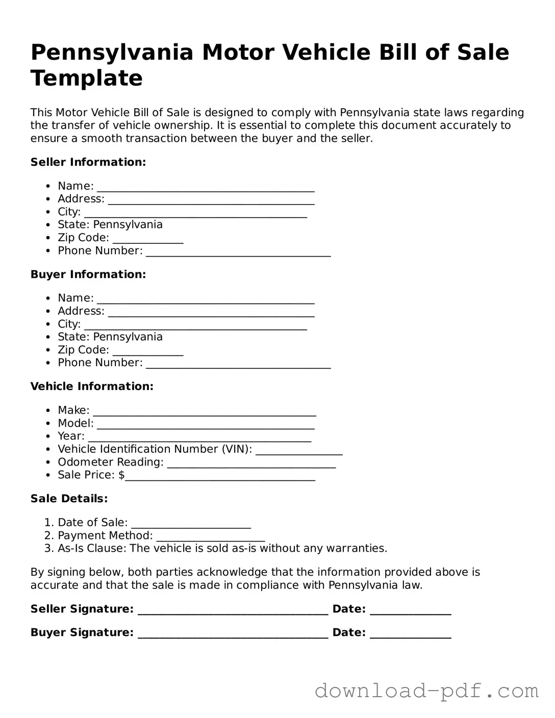 Pennsylvania Motor Vehicle Bill of Sale Document