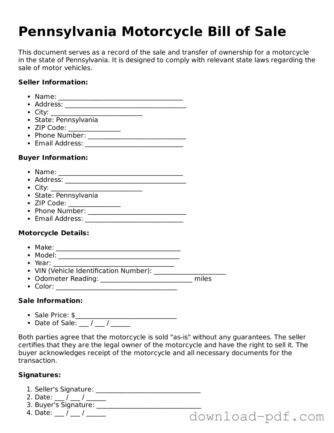 Pennsylvania Motorcycle Bill of Sale Document