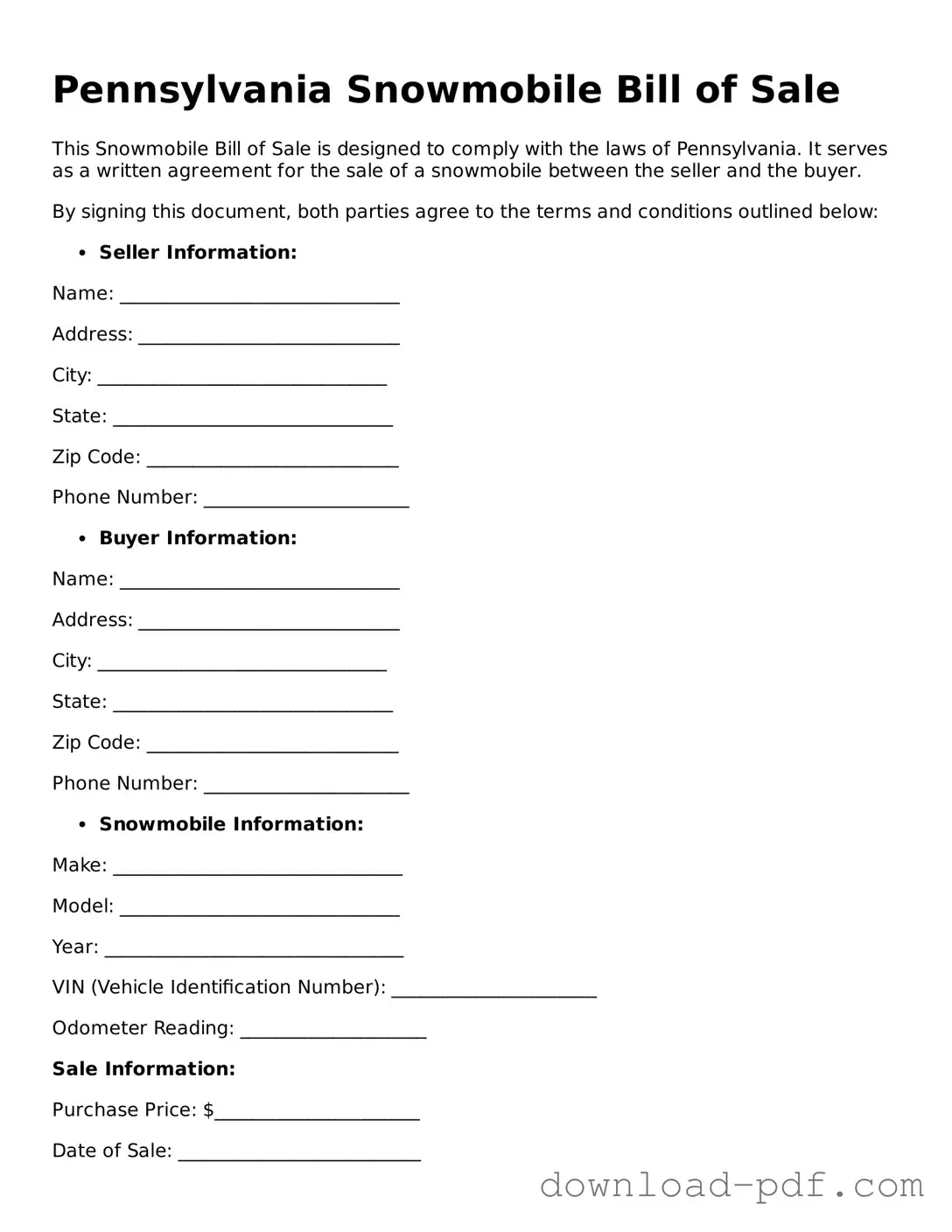 Pennsylvania Snowmobile Bill of Sale Document