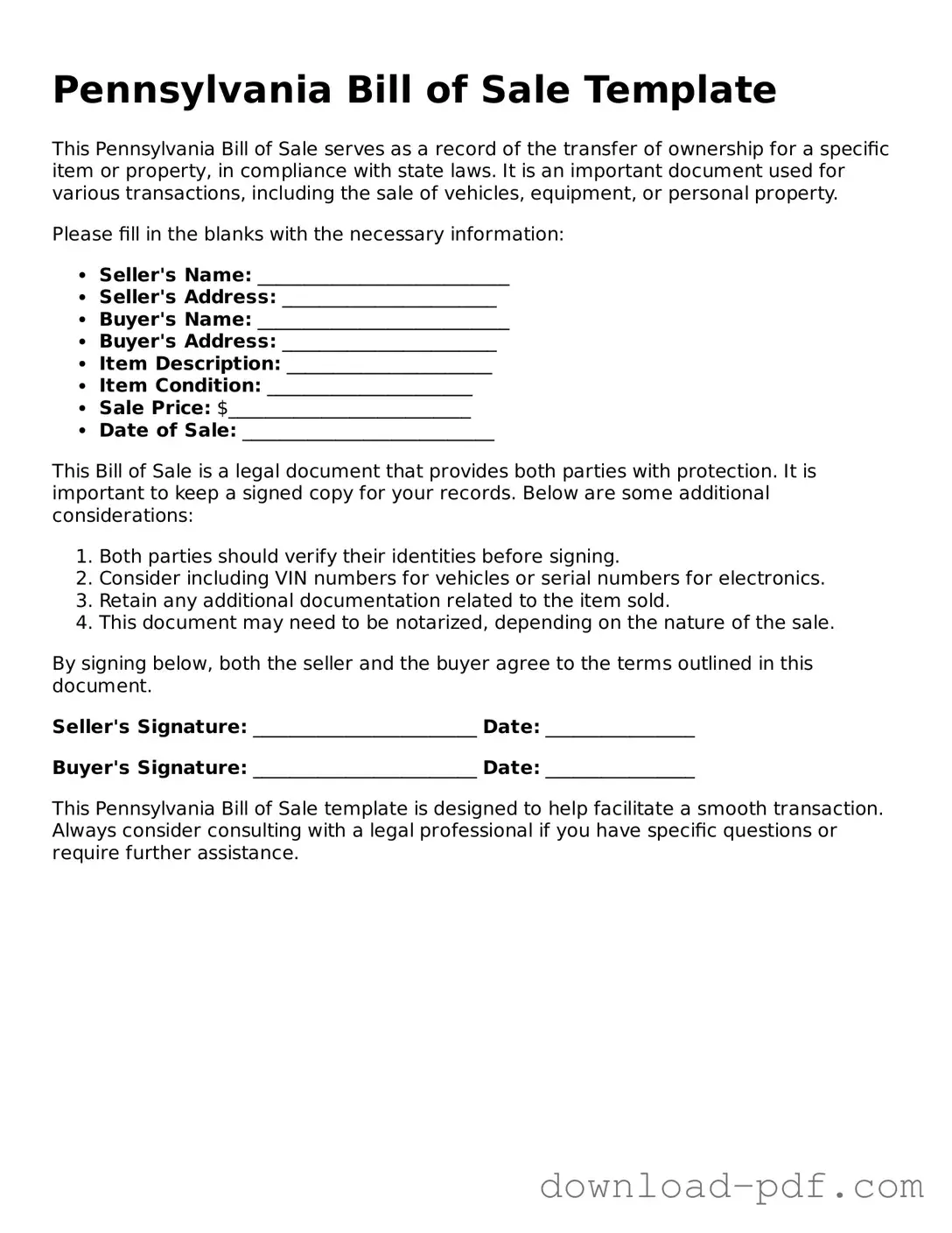 Pennsylvania Bill of Sale Document