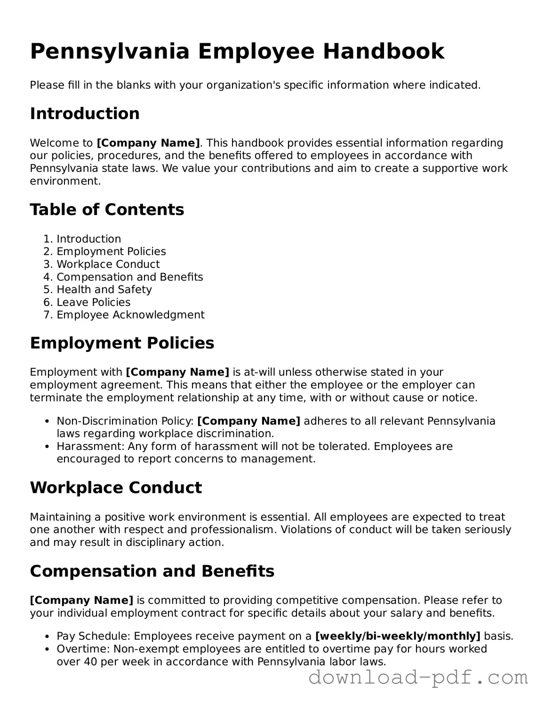 Pennsylvania Employee Handbook Document