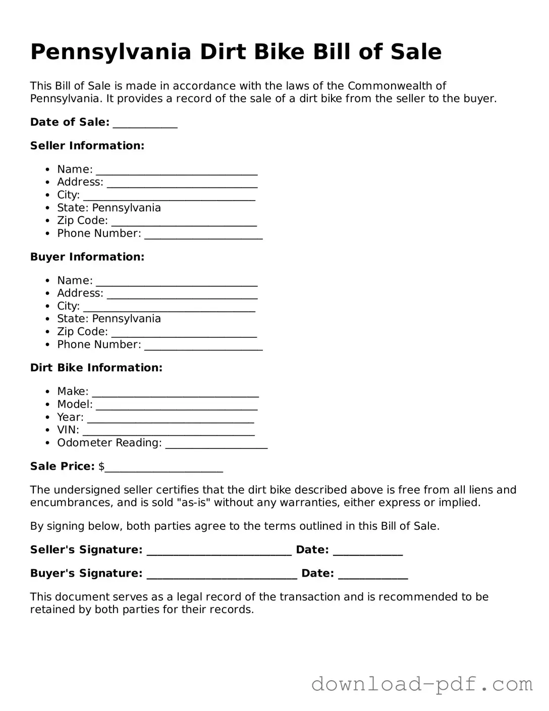 Pennsylvania Dirt Bike Bill of Sale Document