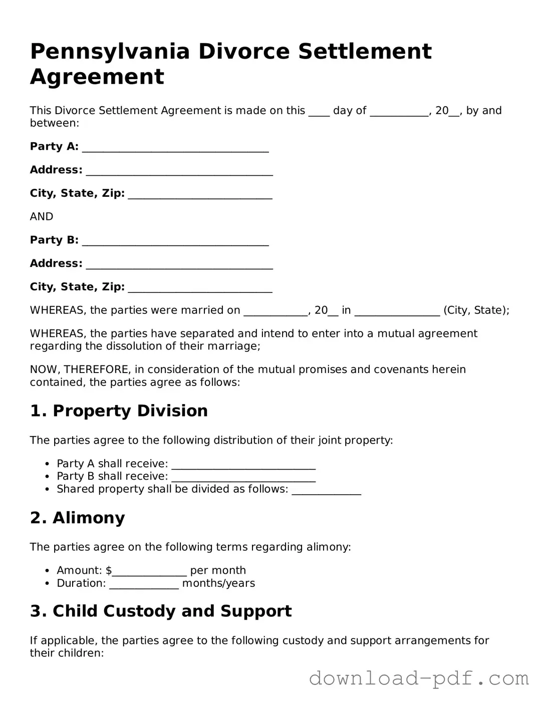 Pennsylvania Divorce Settlement Agreement Document