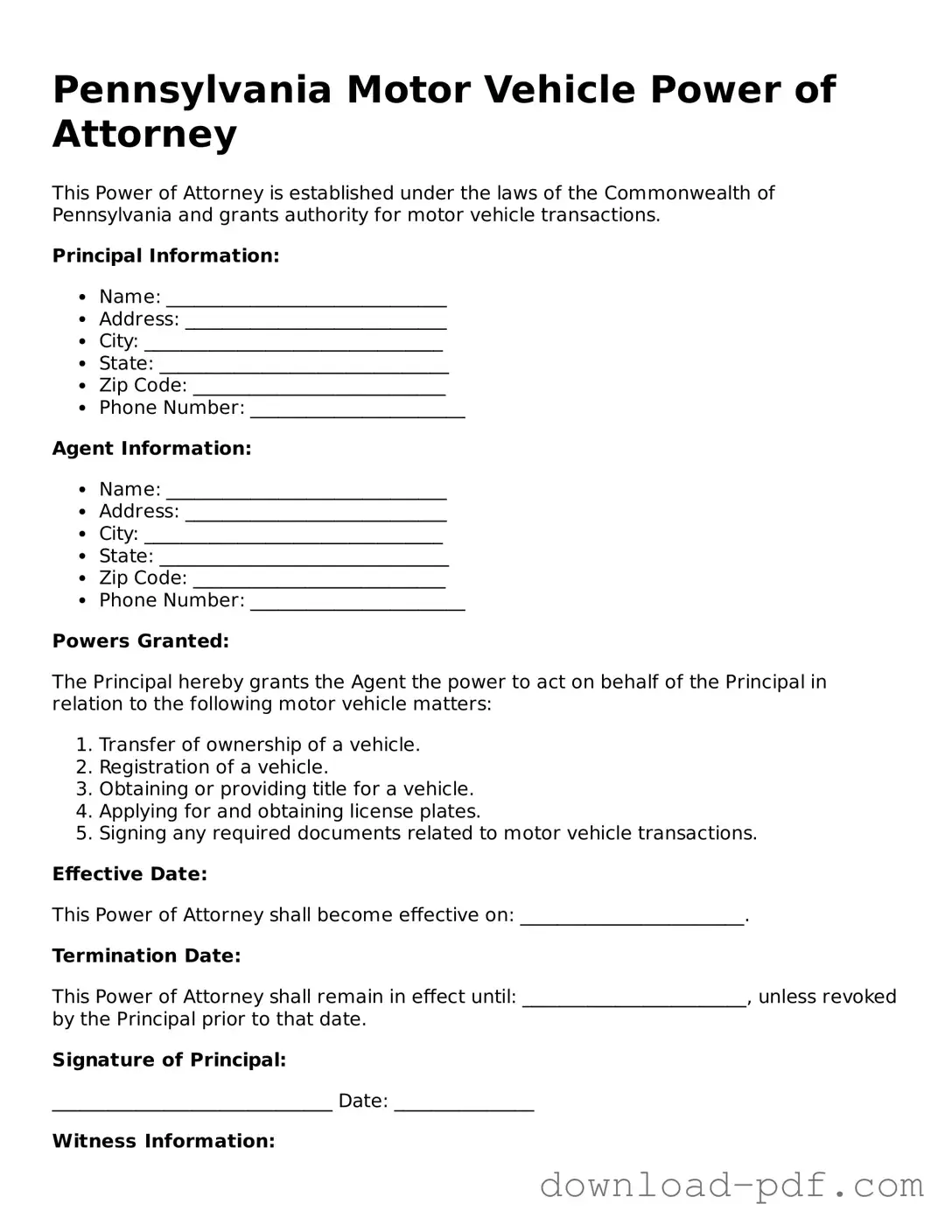 Pennsylvania Motor Vehicle Power of Attorney Document