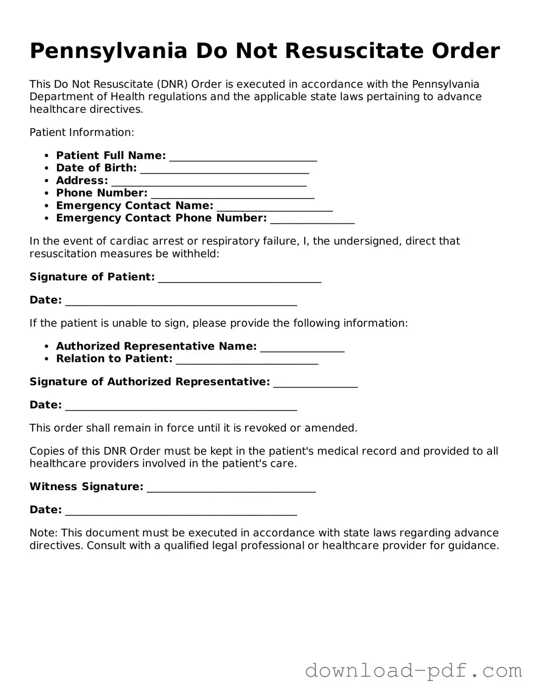 Pennsylvania Do Not Resuscitate Order Document