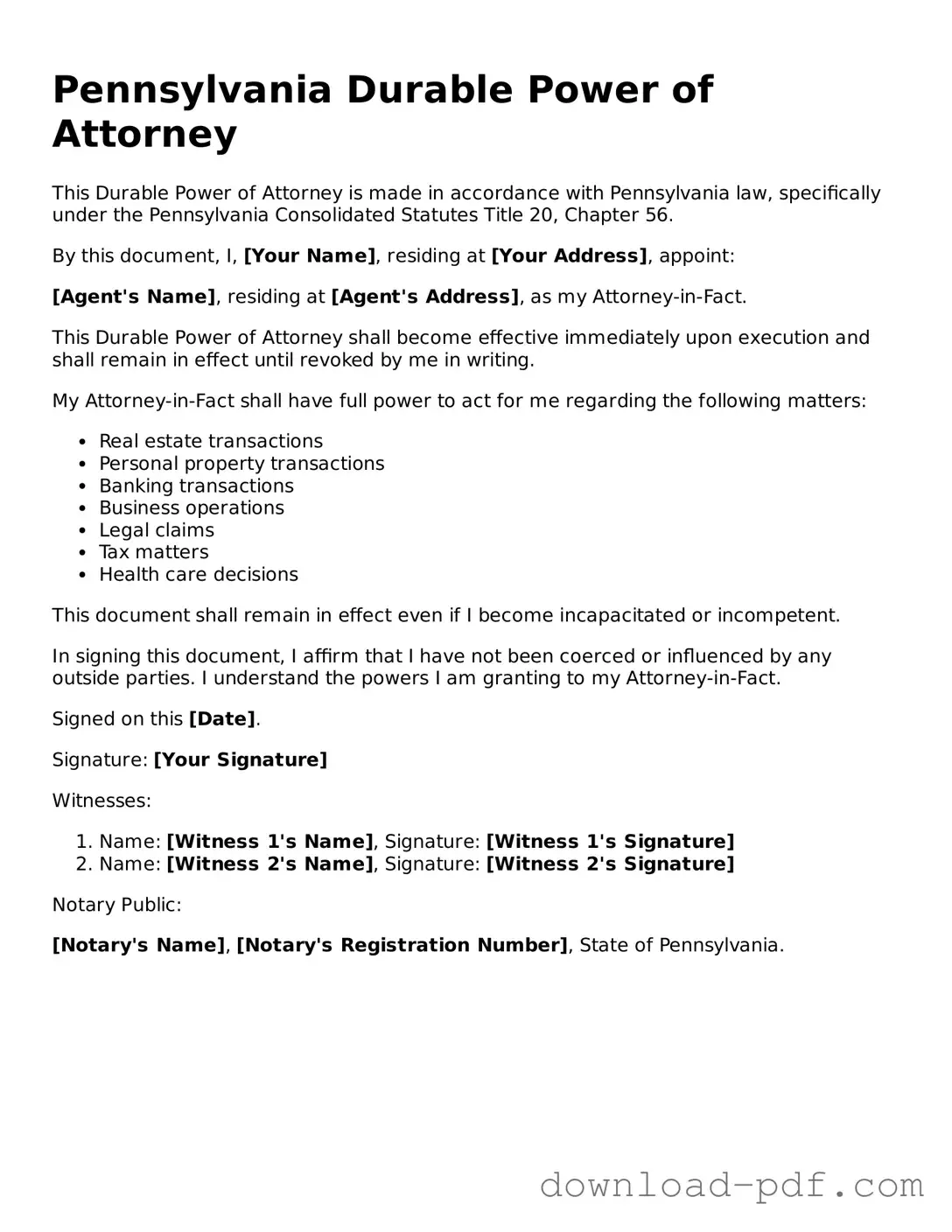 Pennsylvania Durable Power of Attorney Document