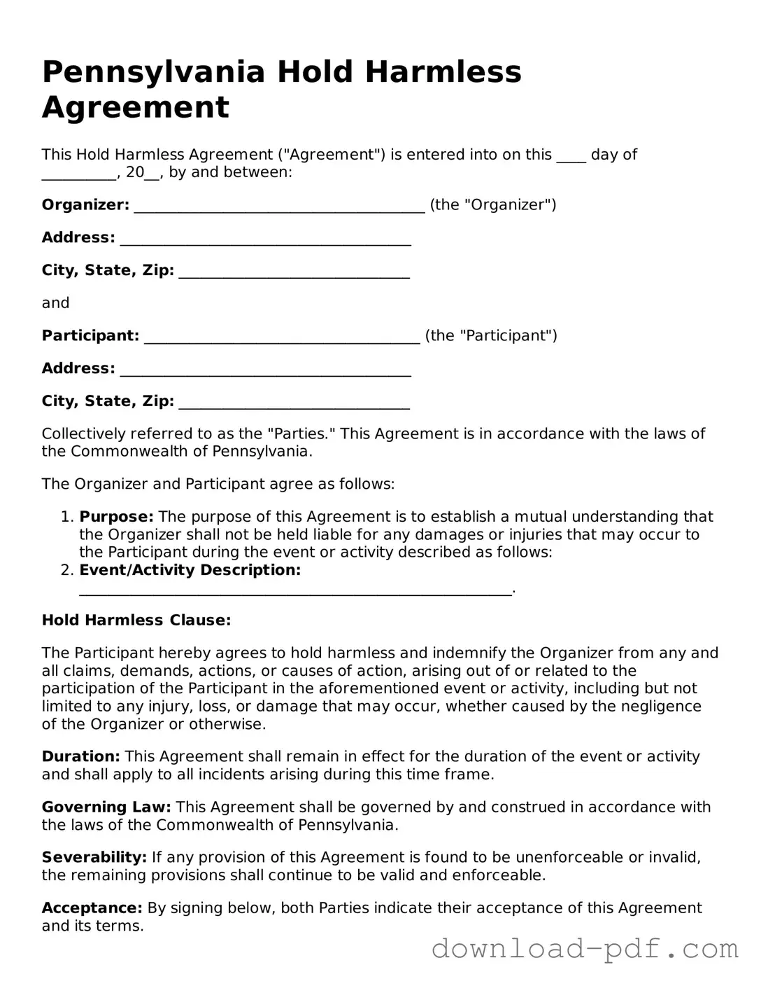 Pennsylvania Hold Harmless Agreement Document