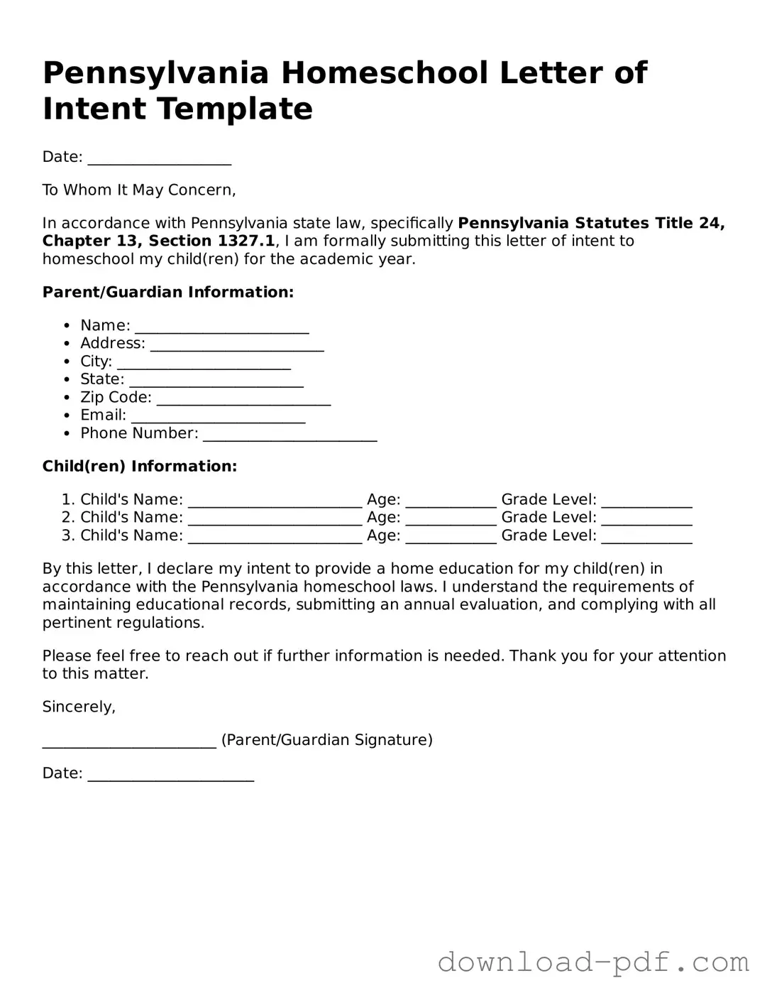 Pennsylvania Homeschool Letter of Intent Document