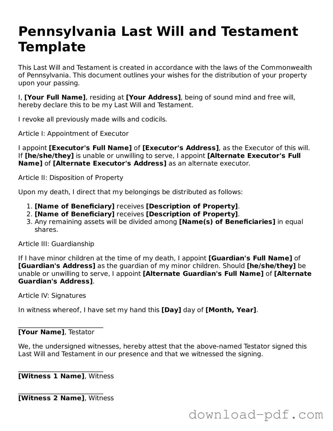 Pennsylvania Last Will and Testament Document