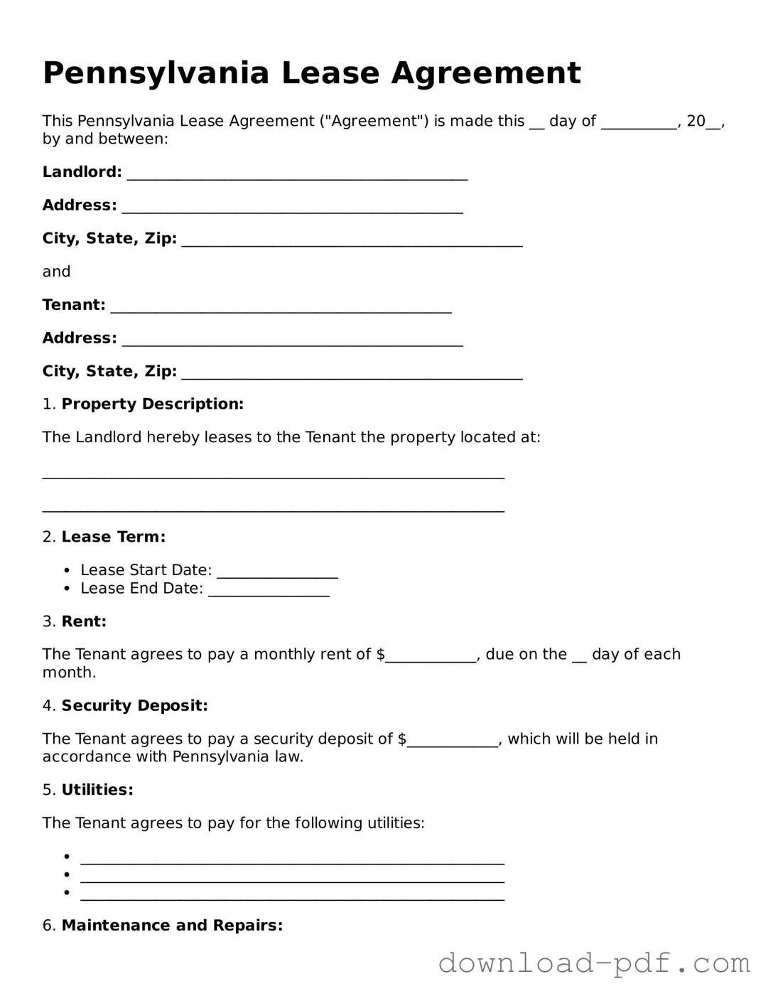 Pennsylvania Lease Agreement Document