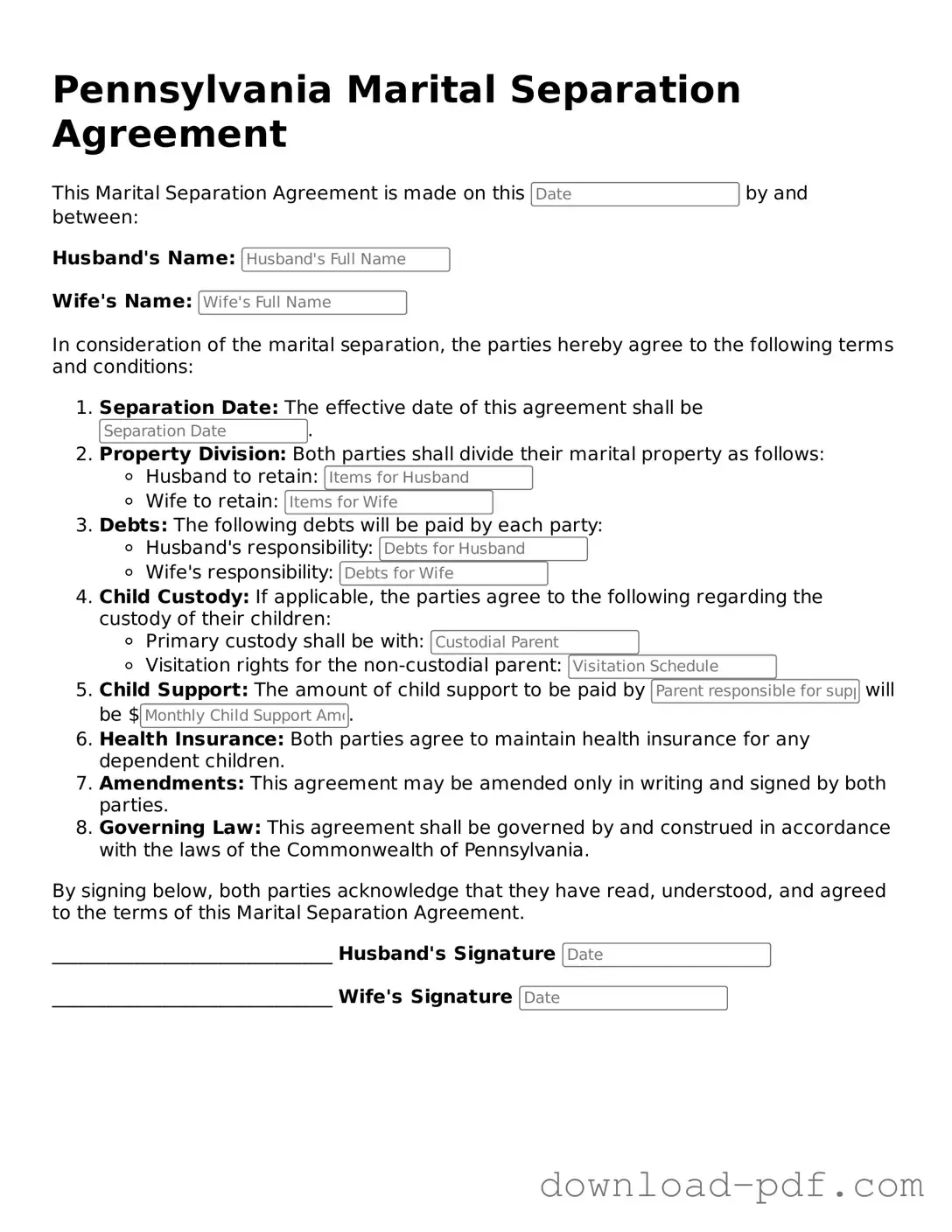Pennsylvania Marital Separation Agreement Document