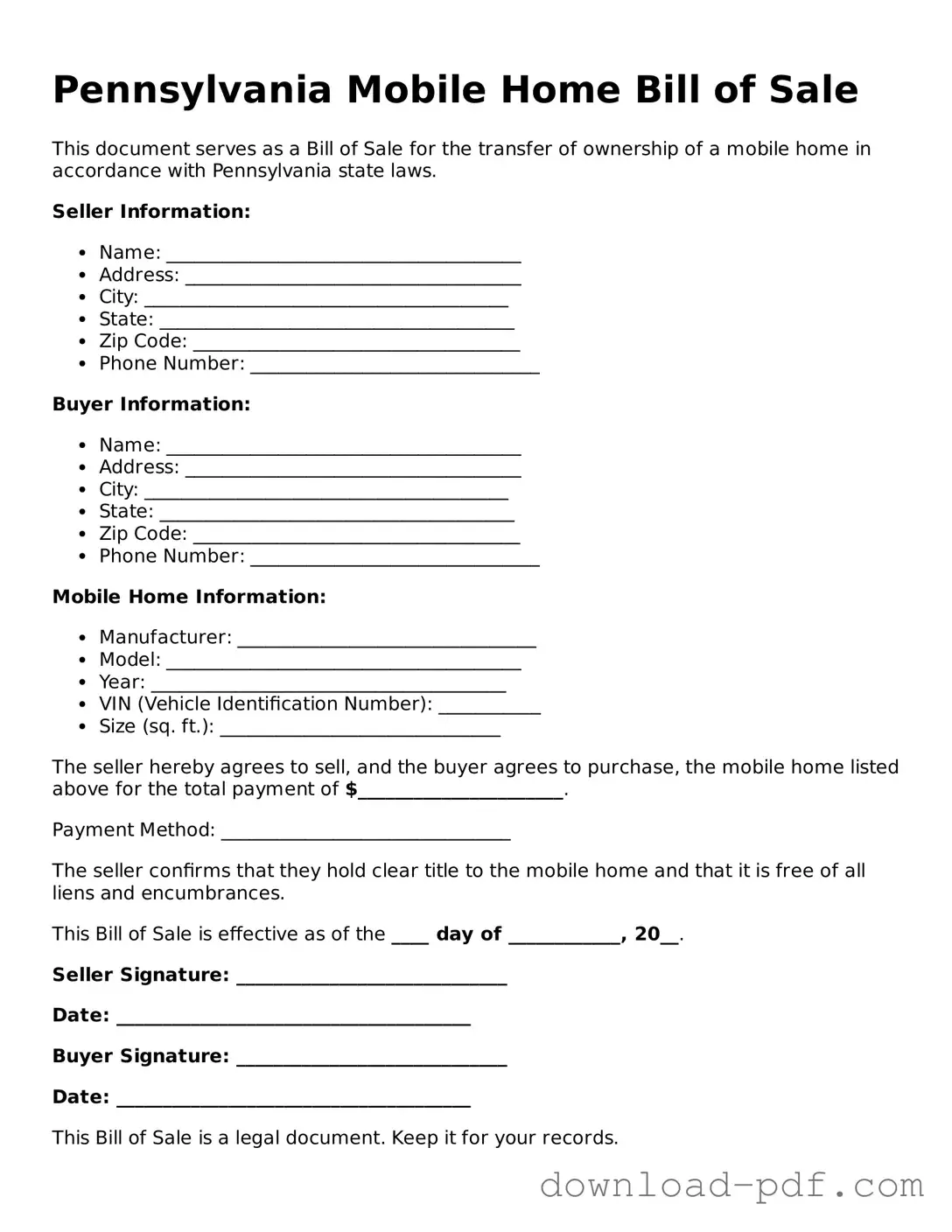Pennsylvania Mobile Home Bill of Sale Document