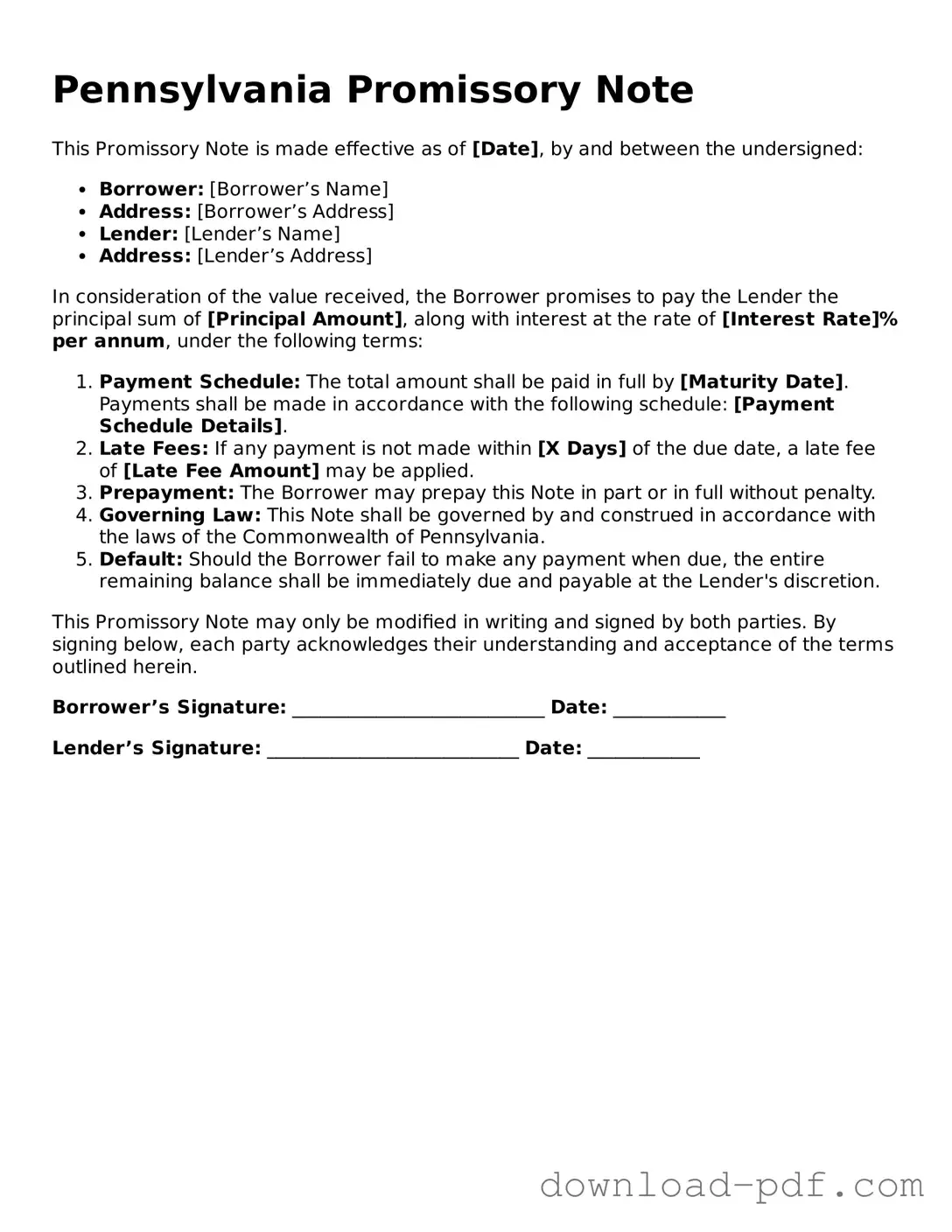 Pennsylvania Promissory Note Document