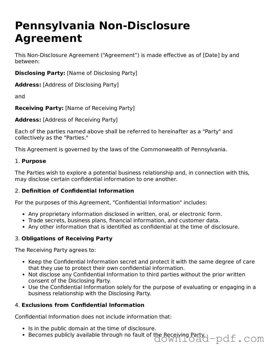 Pennsylvania Non-disclosure Agreement Document