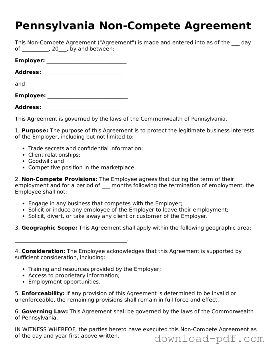 Pennsylvania Non-compete Agreement Document
