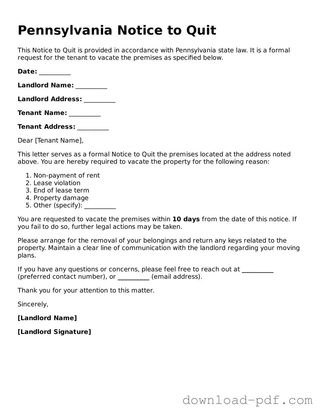 Pennsylvania Notice to Quit Document