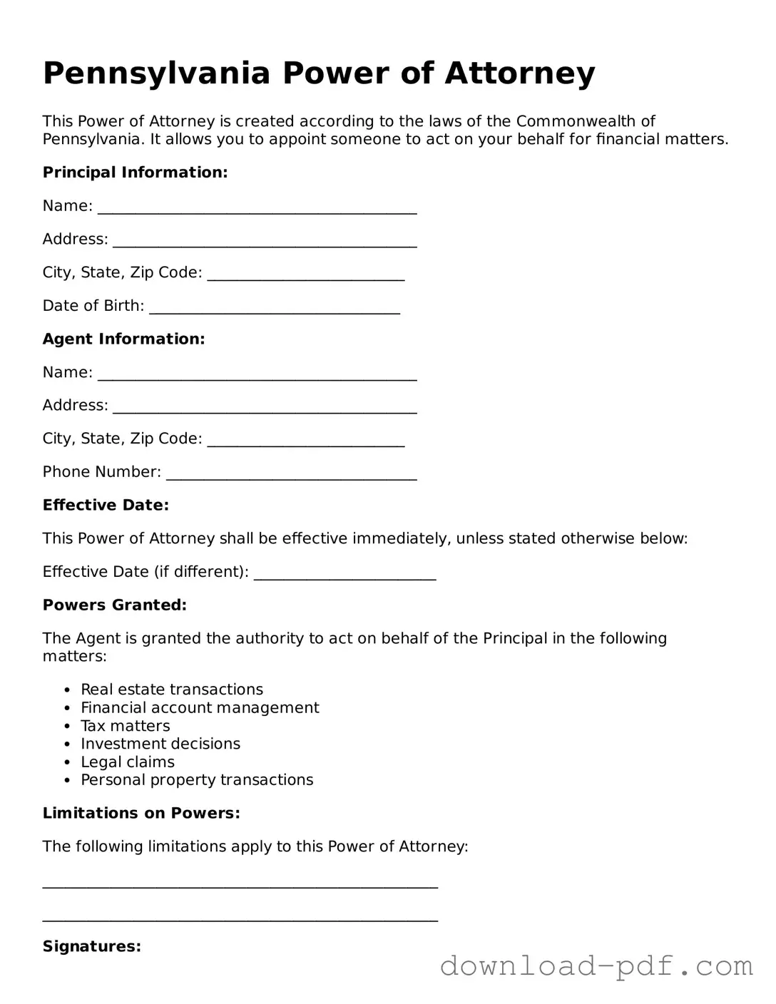 Pennsylvania Power of Attorney Document