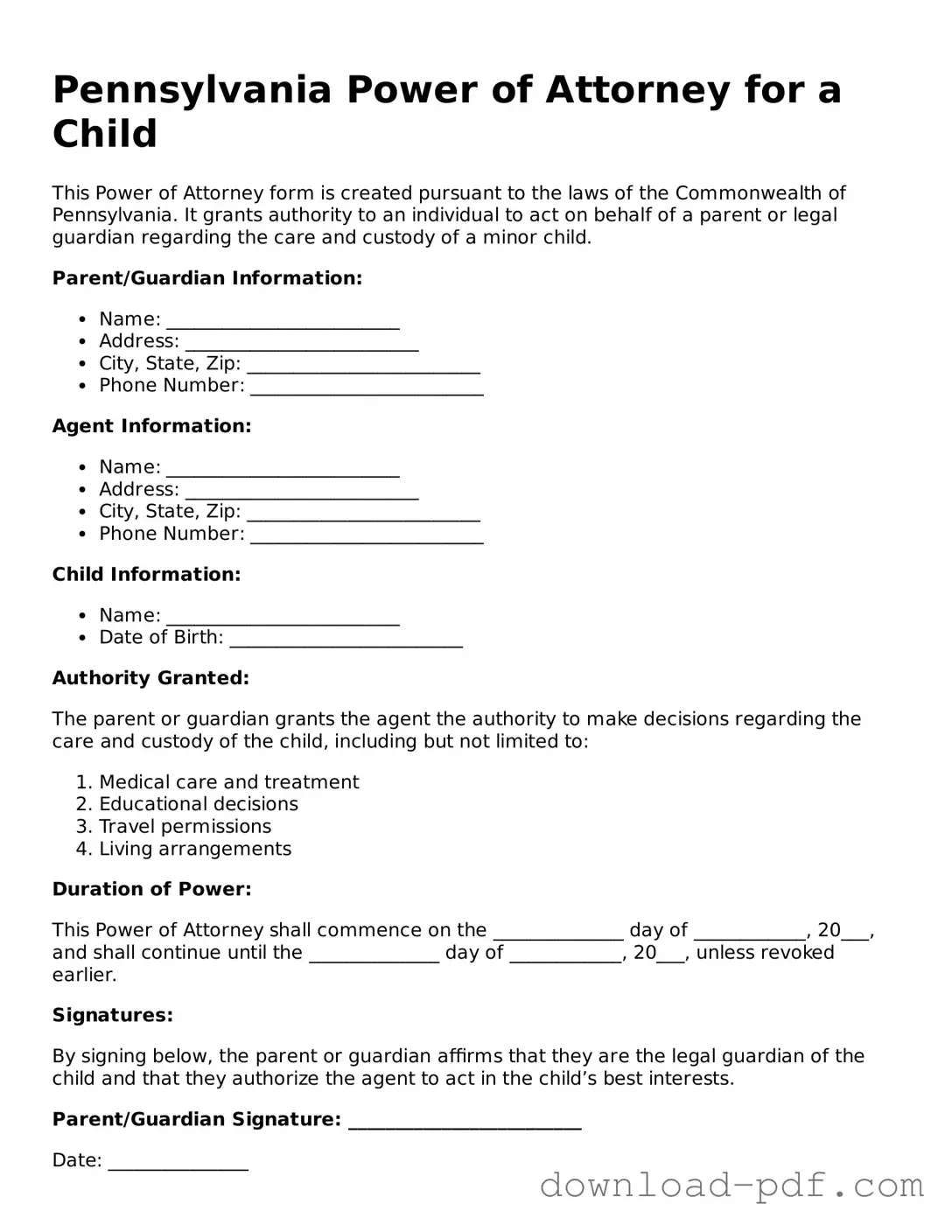 Pennsylvania Power of Attorney for a Child Document
