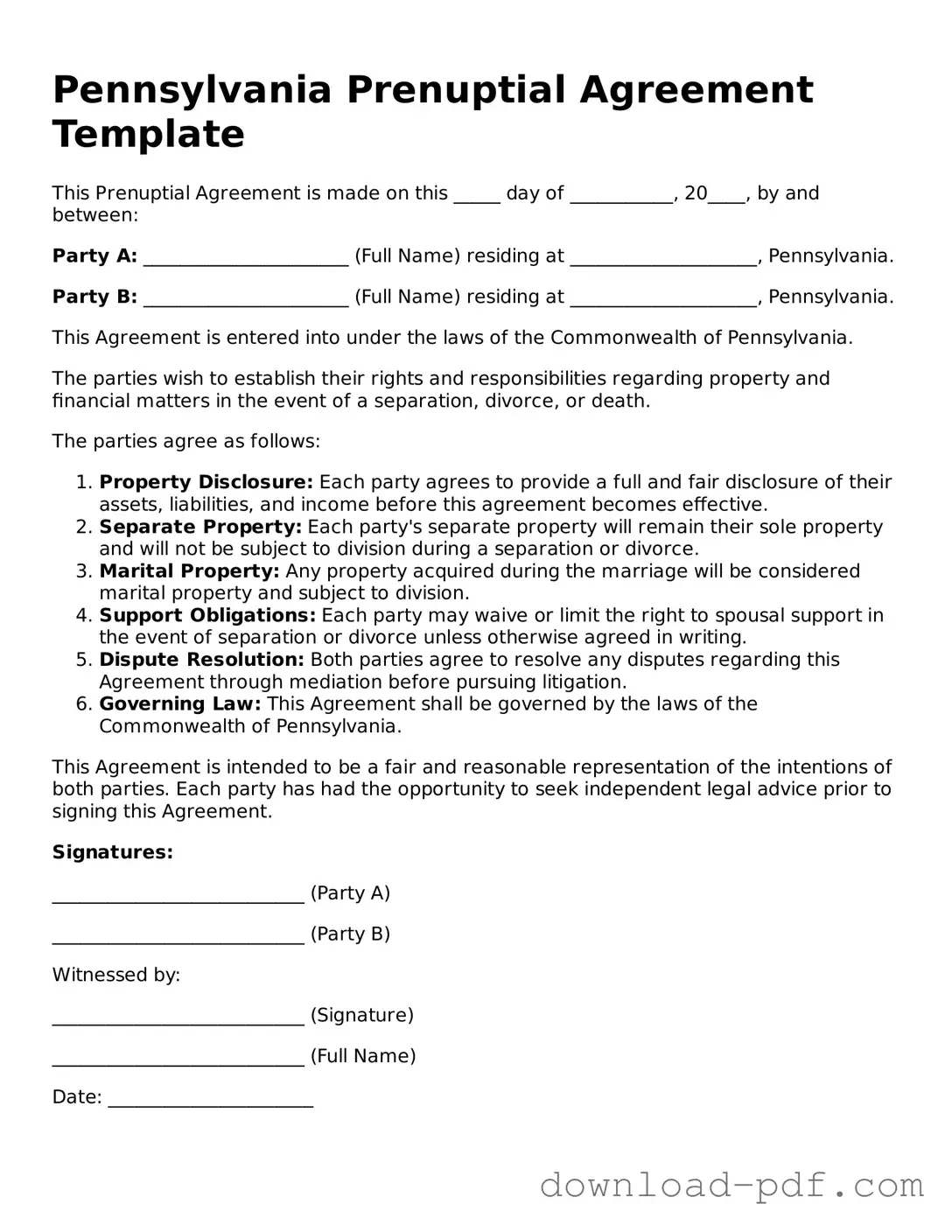 Pennsylvania Prenuptial Agreement Document