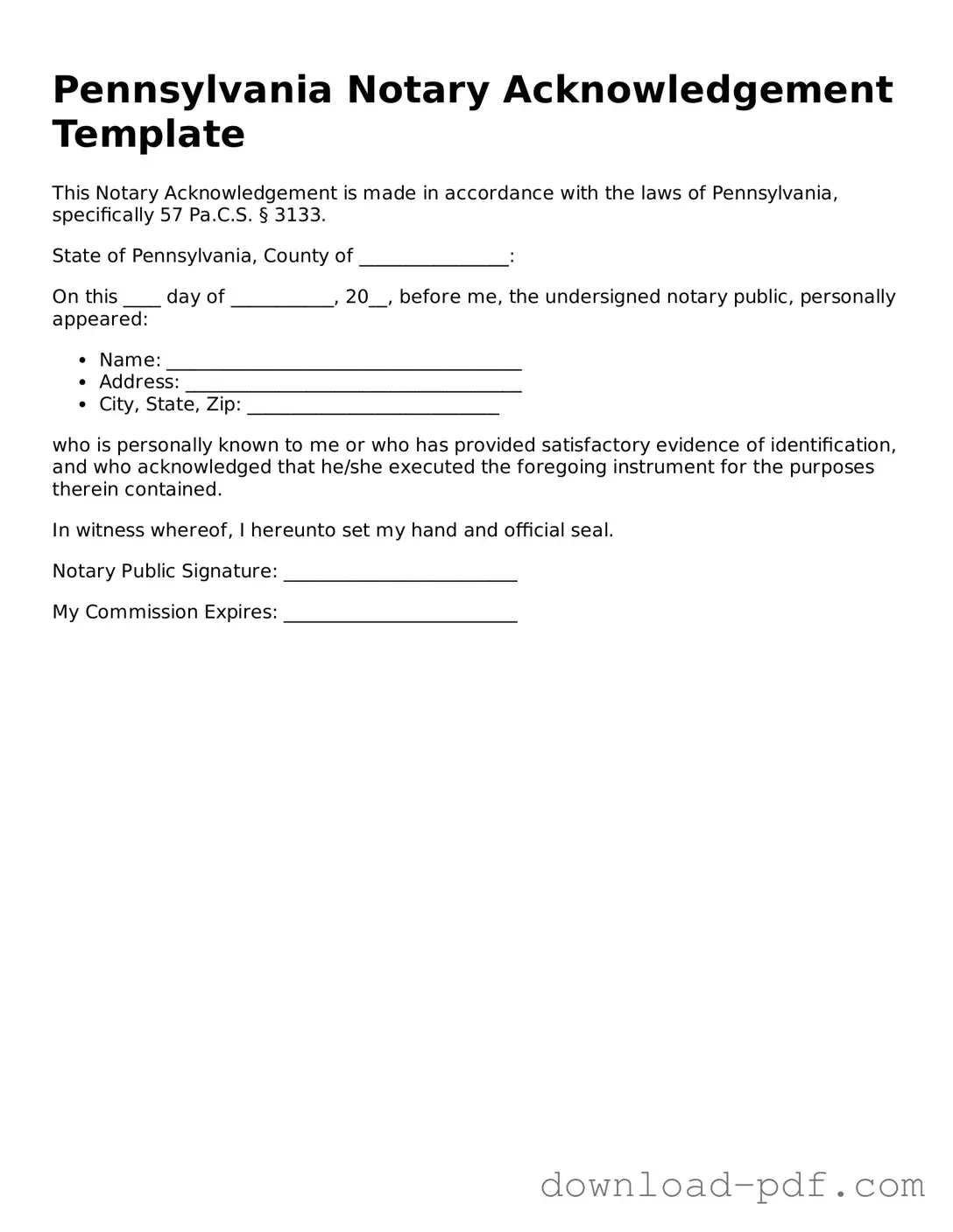 Pennsylvania Notary Acknowledgement Document