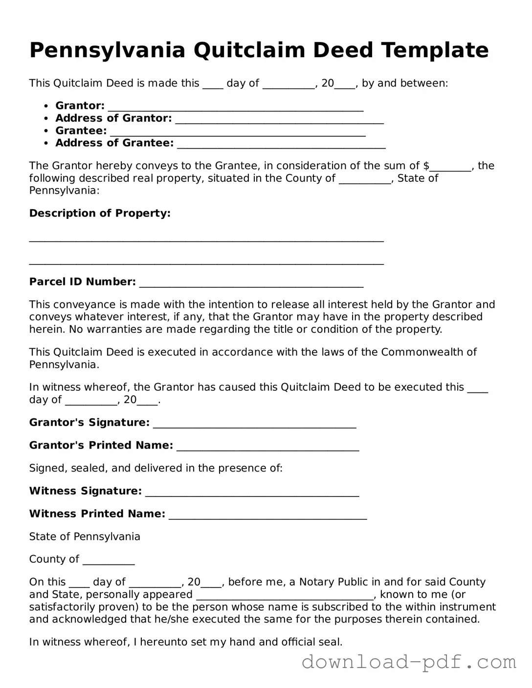 Pennsylvania Quitclaim Deed Document