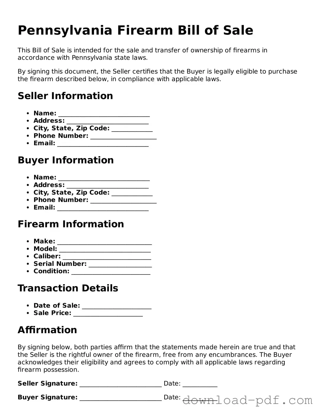 Pennsylvania Firearm Bill of Sale Document